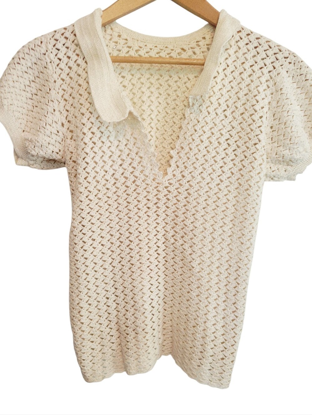 Vintage Handmade Cream Crochet Open Knit Top V-Neck Puff Sleeve Small Size